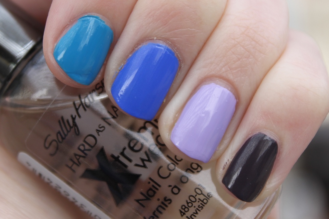 Sally Hansen Xtreme Wear Swatch Spam ♥ Blue Me Away, Pacific Blue, Lacey  Lilac & Grey Area - volleysparkle